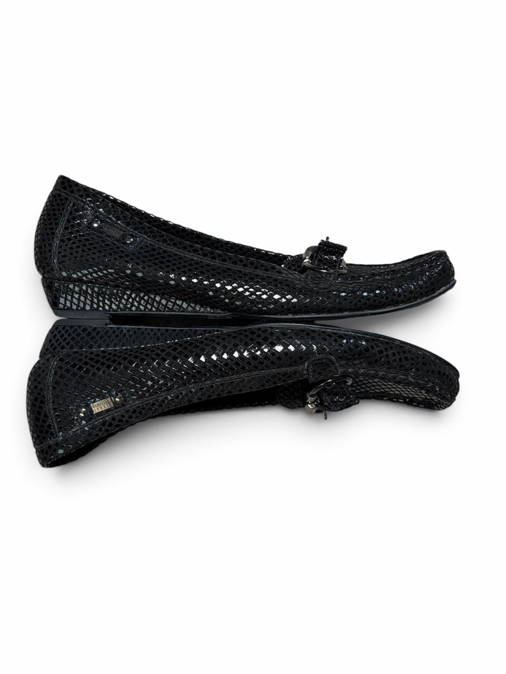 Stuart Weitzman Black Snakeskin Embossed Buckle Loafers Square Toe